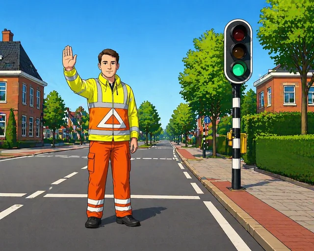 Verkeersregelaar die een algemeen stopteken geeft