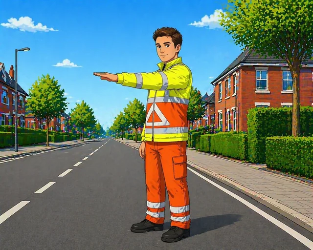 Verkeersregelaar die verkeer instrueert om snelheid te minderen