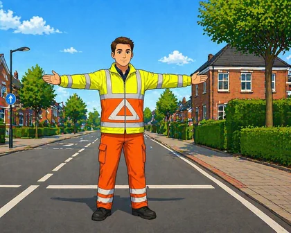 Verkeersregelaar met gespreide armen in een T-houding